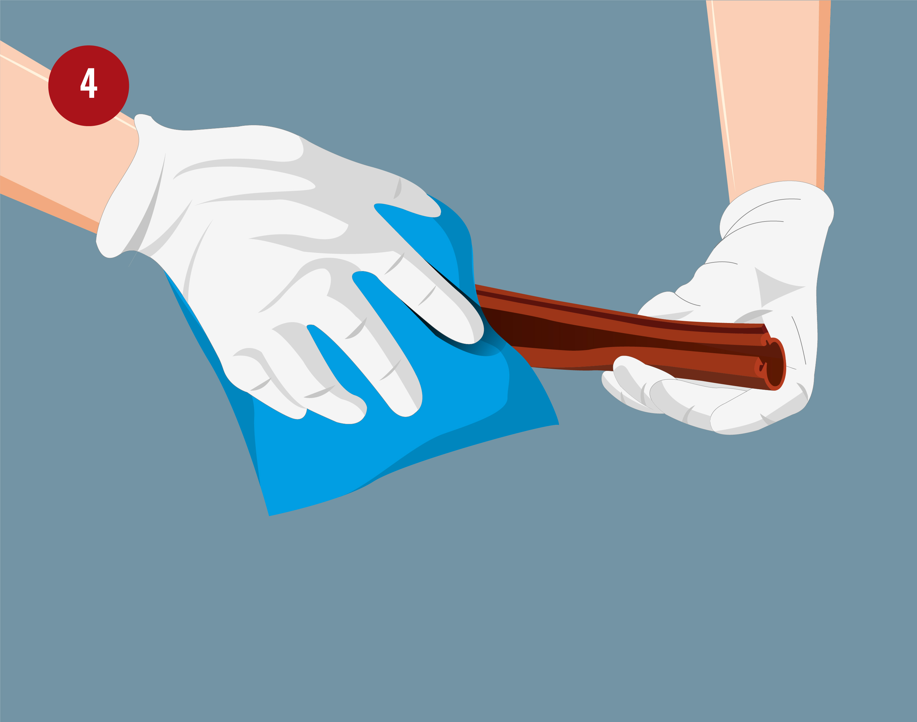Step 4 of Centroid Polymer Technologies installation guide showing a person cleaning the coiled product with a blue cloth while wearing gloves